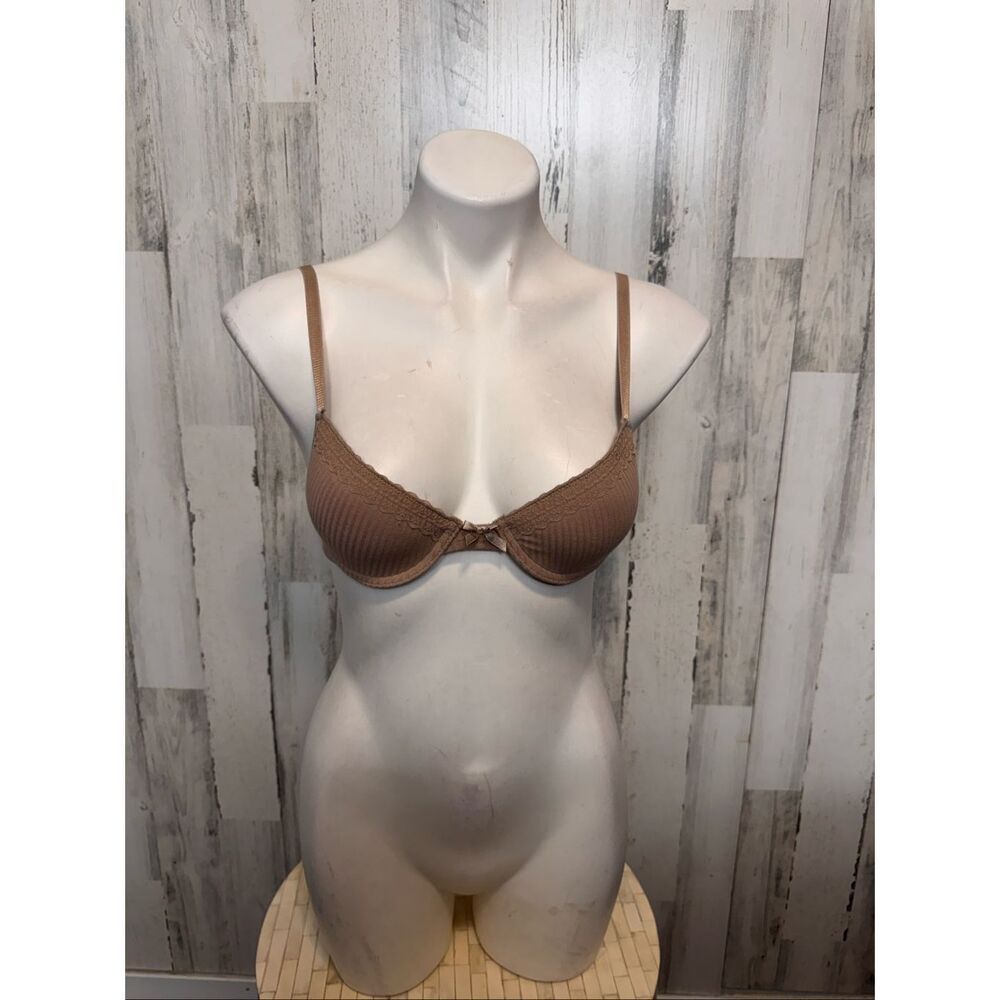 Tahari Tan Striped Lace Trim Underwire Bra 34A Neutral Everyday Bra